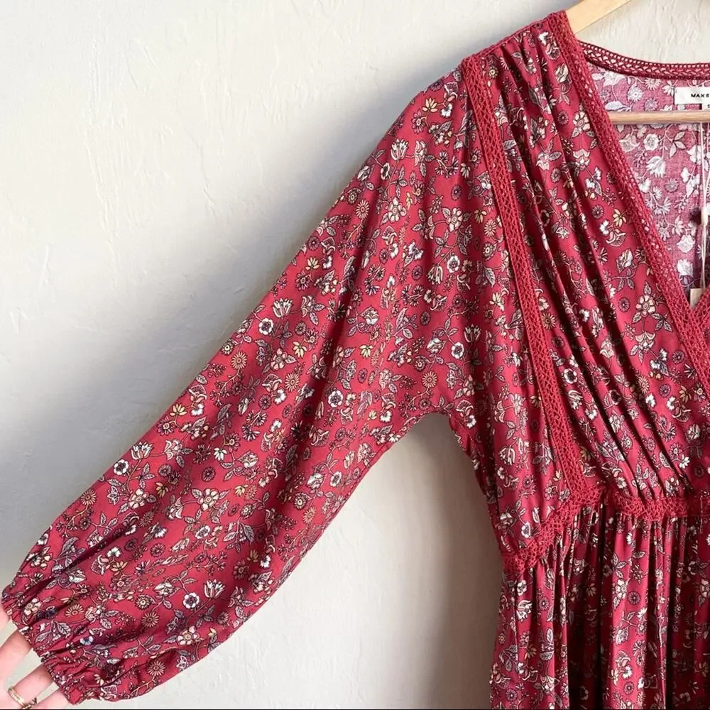 NWT Max Studio Boho Red Floral Bubble Sleeve Peasant Dress Small‎ - Picture 6 of 7